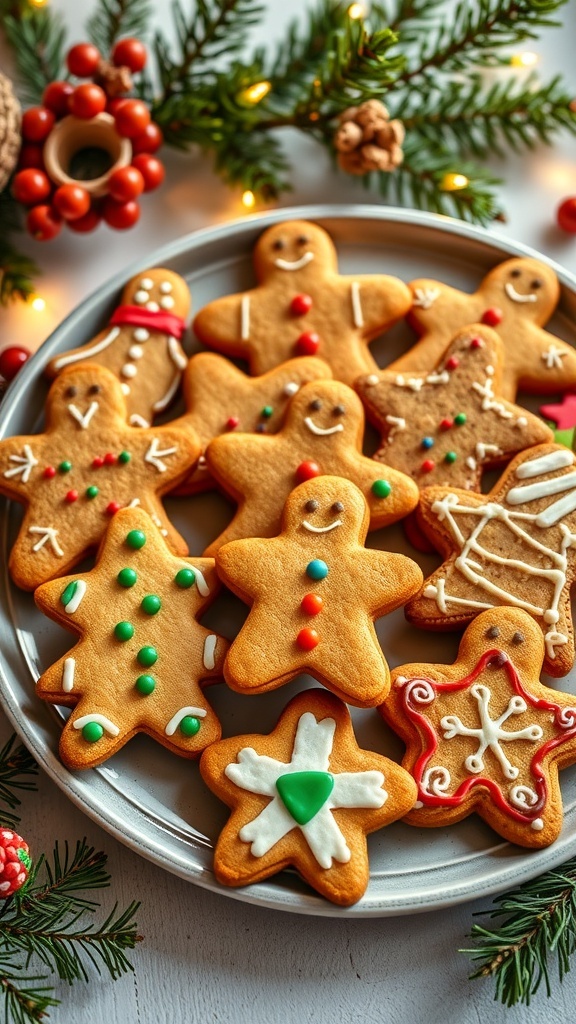 A plate of decorated gingerbread cookies in festive shapes, surrounded by holiday decorations.
